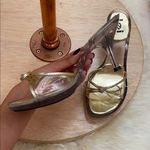 Clear and gold glitter mules